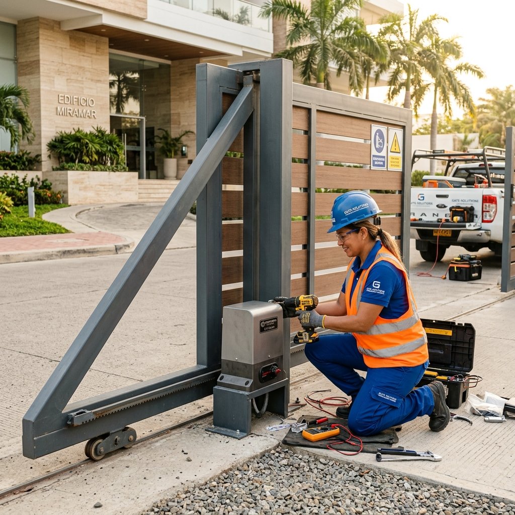 Técnico de SOLTEC instalando motor para puerta automática en Bogotá